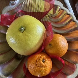 pomelo, orange and mandarin oranges in a metal bowl