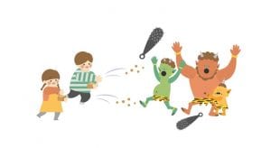 two children throwing beans at ogres for Japanese Bean Tossing Day